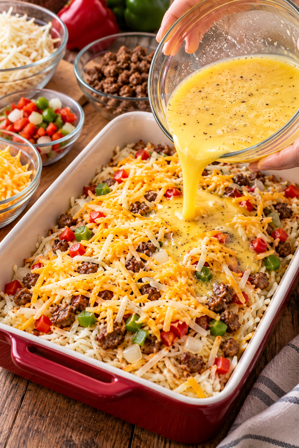 Layering the hash brown breakfast casserole before baking
