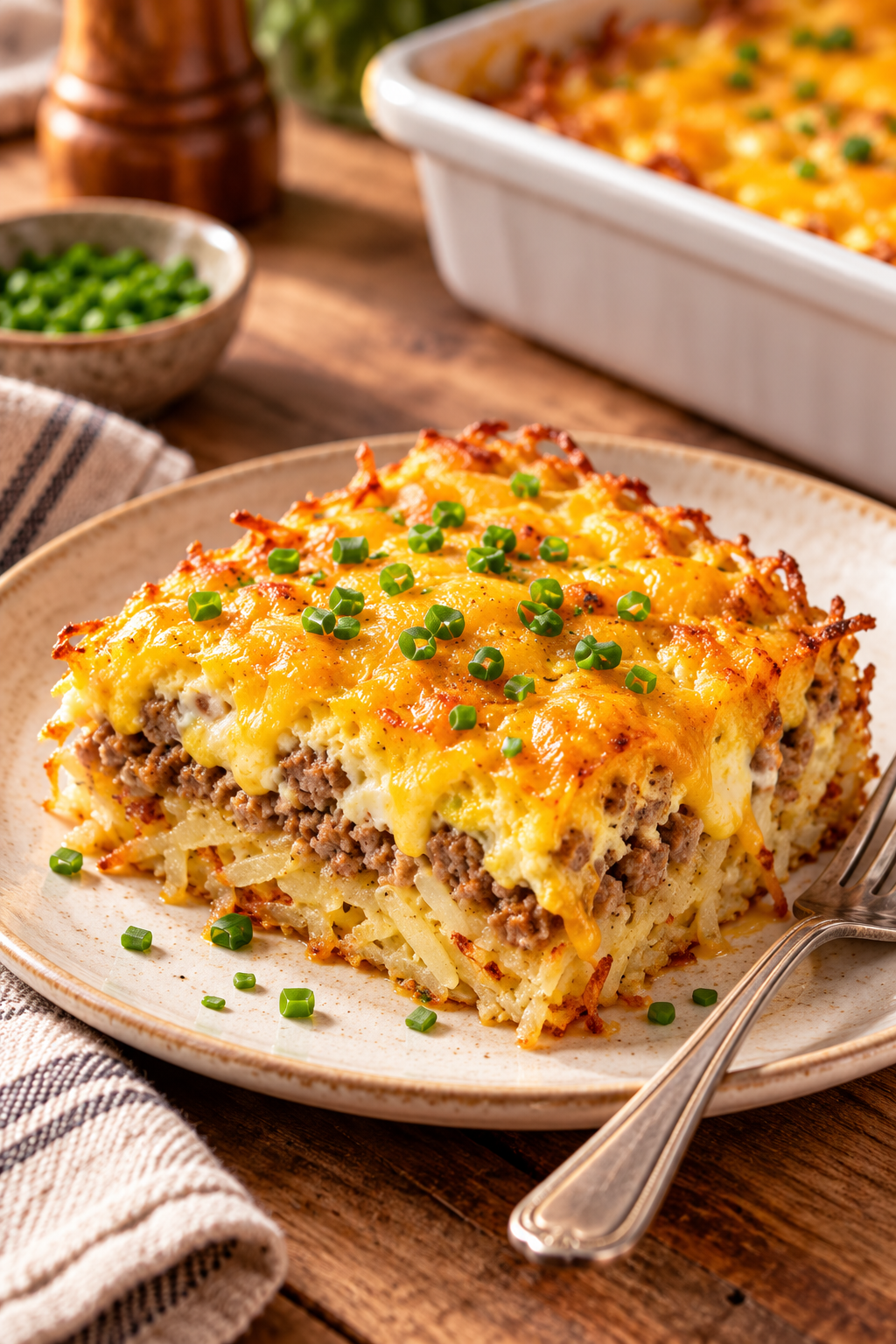 Slice of golden breakfast-for-dinner hash brown casserole