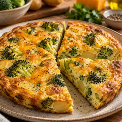 broccoli and potato frittata served in wedges
