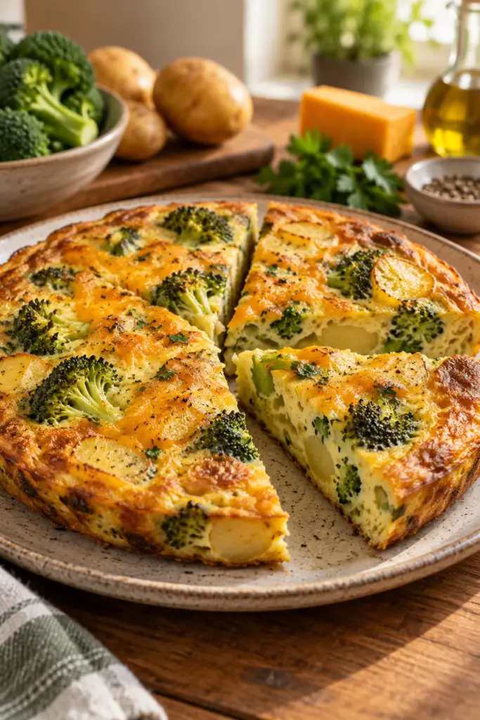 broccoli and potato frittata served in wedges