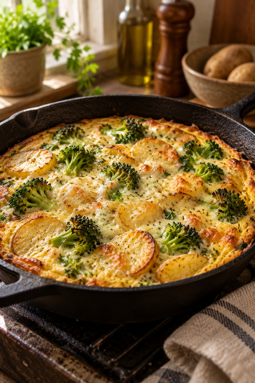 broccoli and potato frittata cooking in a skillet
