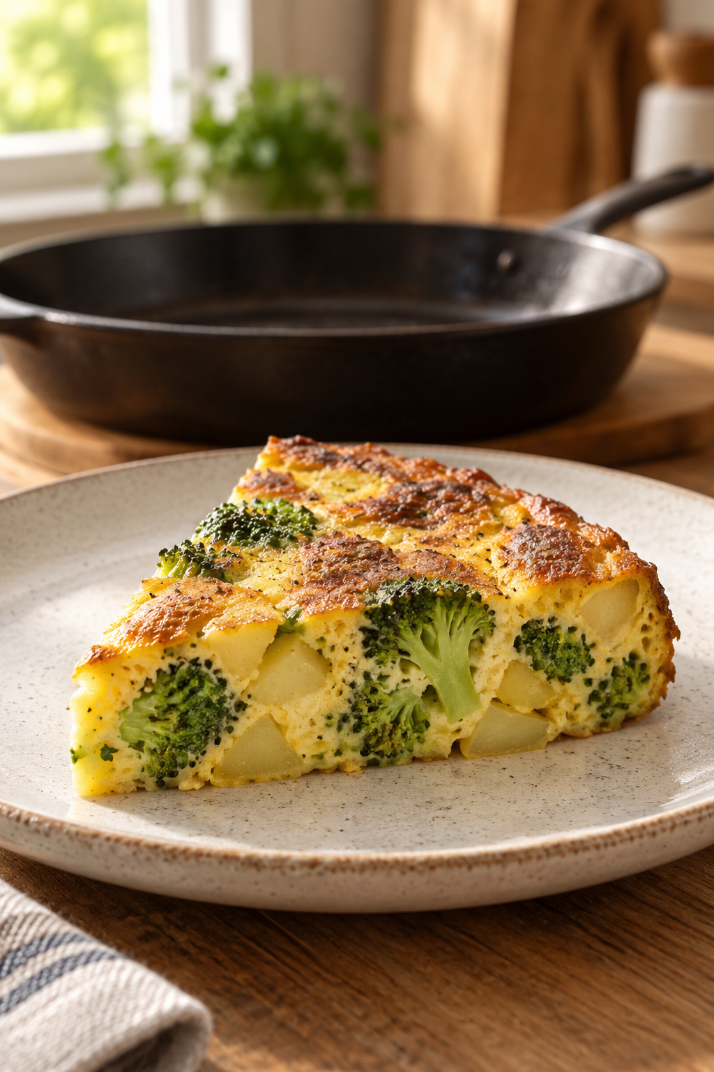 golden broccoli and potato frittata wedge