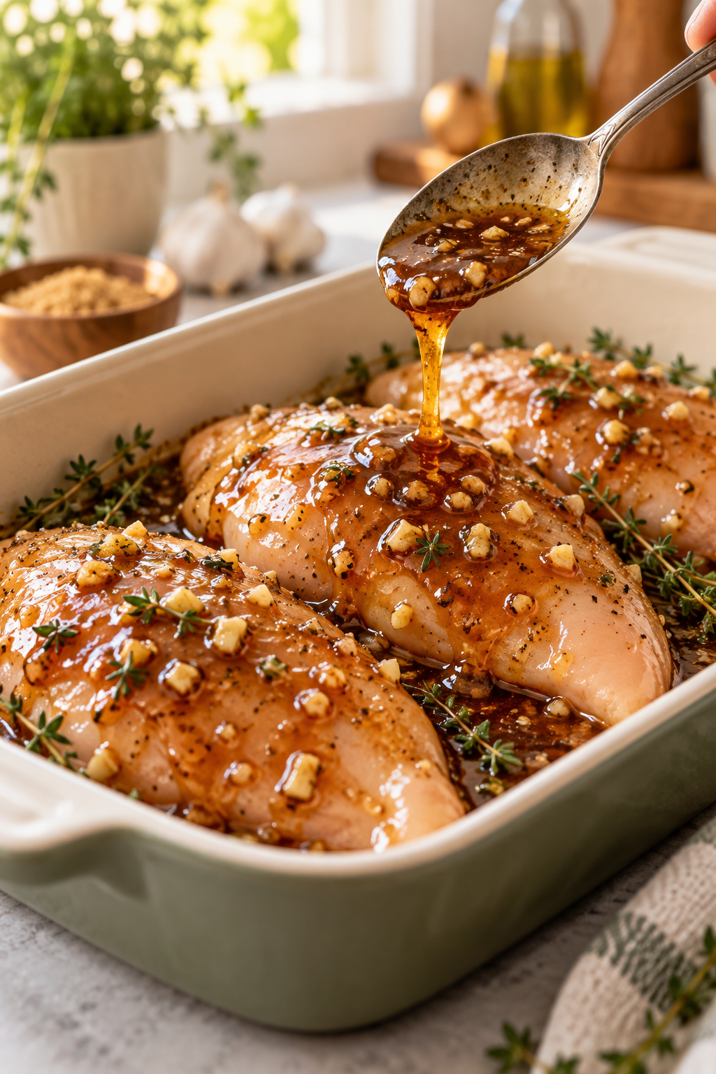 Brown sugar garlic chicken coated with garlic glaze before baking