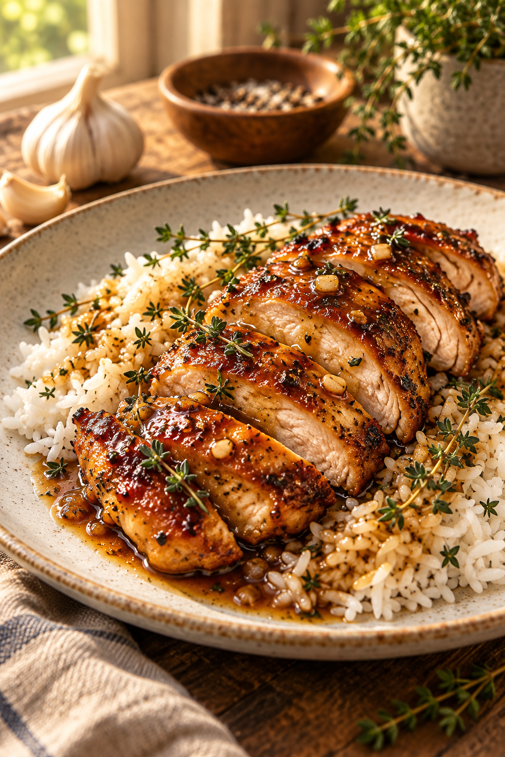 Sliced brown sugar garlic chicken served with its pan sauce