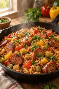 Cajun sausage and rice in a skillet