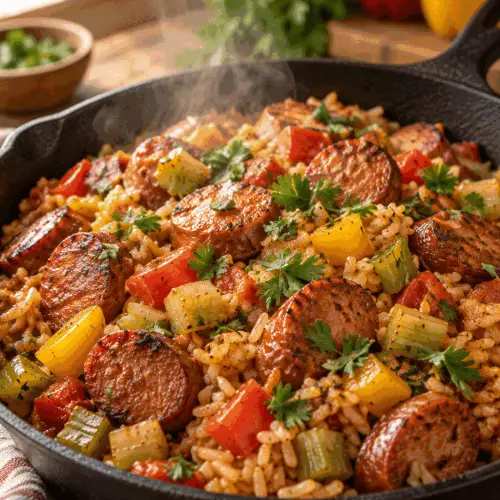 Cajun sausage and rice in a skillet