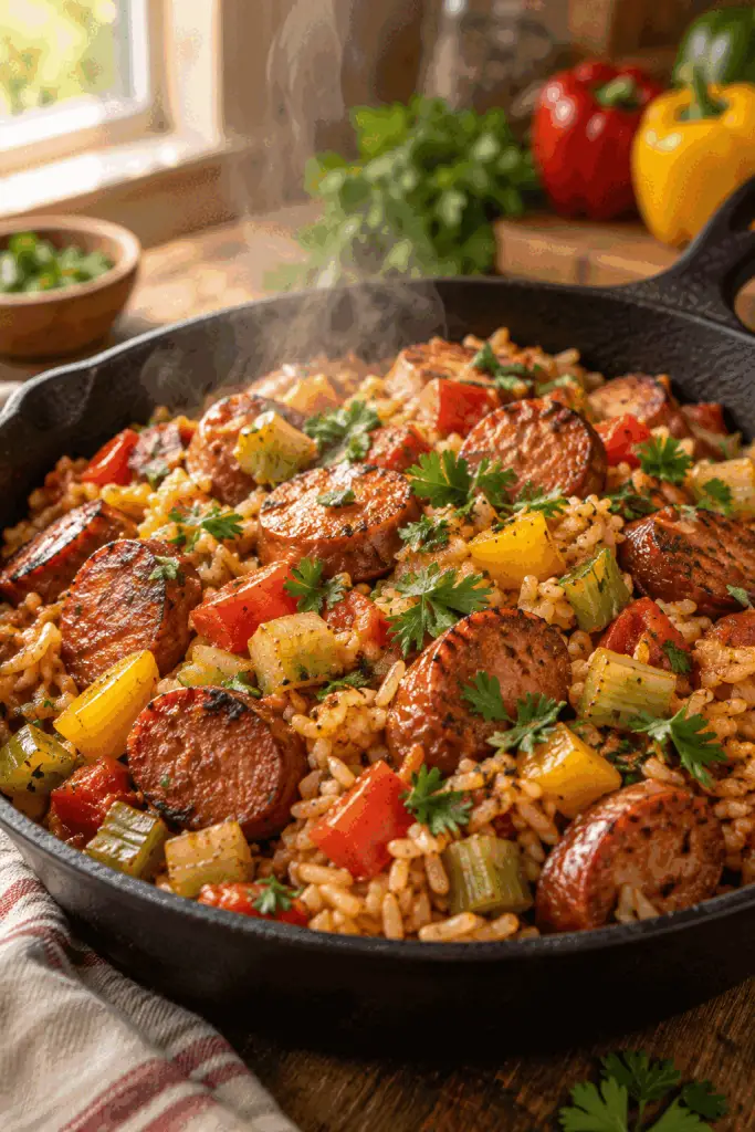 Cajun sausage and rice in a skillet