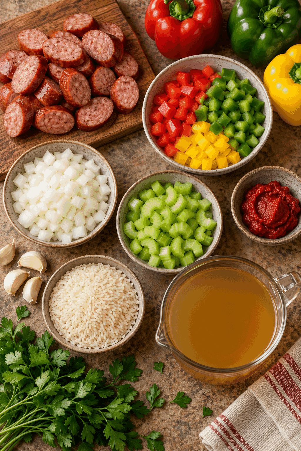 Ingredients for cajun sausage and rice