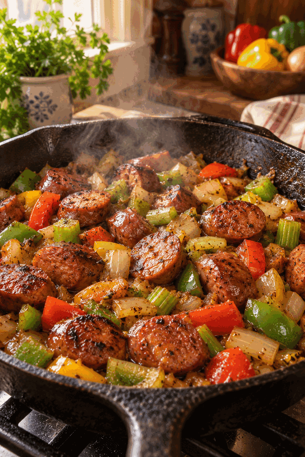 Cajun sausage and rice being prepared