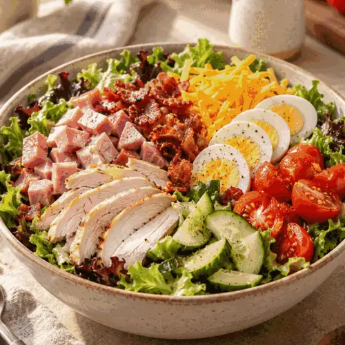 chef salad with turkey ham eggs and crisp vegetables