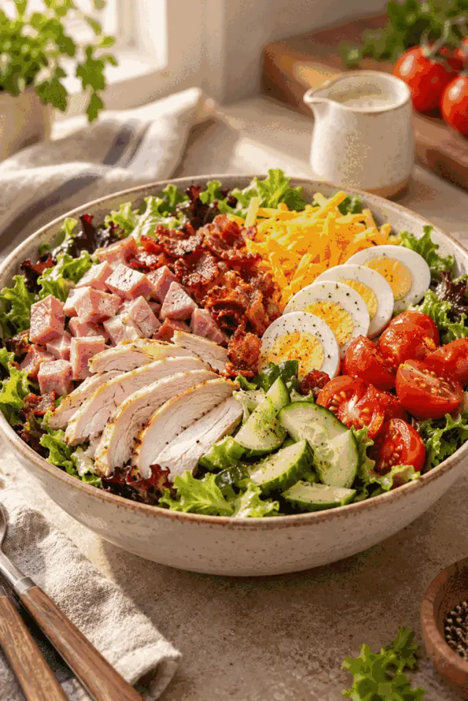 chef salad with turkey ham eggs and crisp vegetables