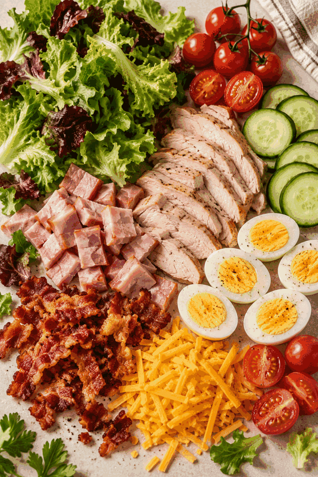 ingredients arranged for a chef salad recipe