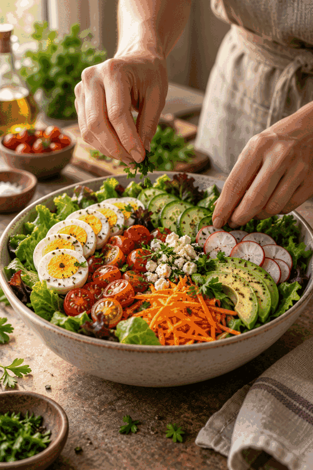 chef salad ingredients being arranged over greens