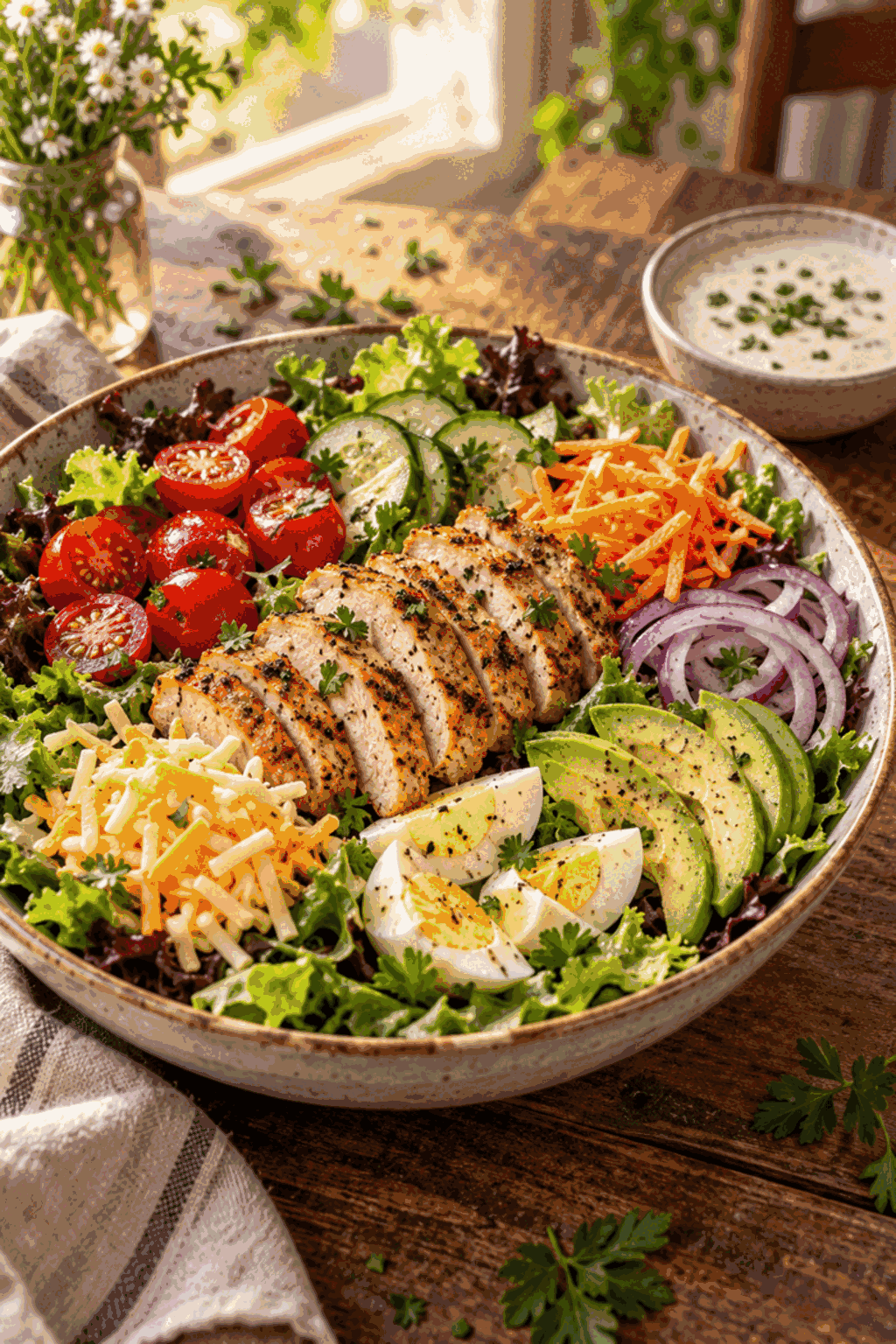 finished chef salad served with dressing