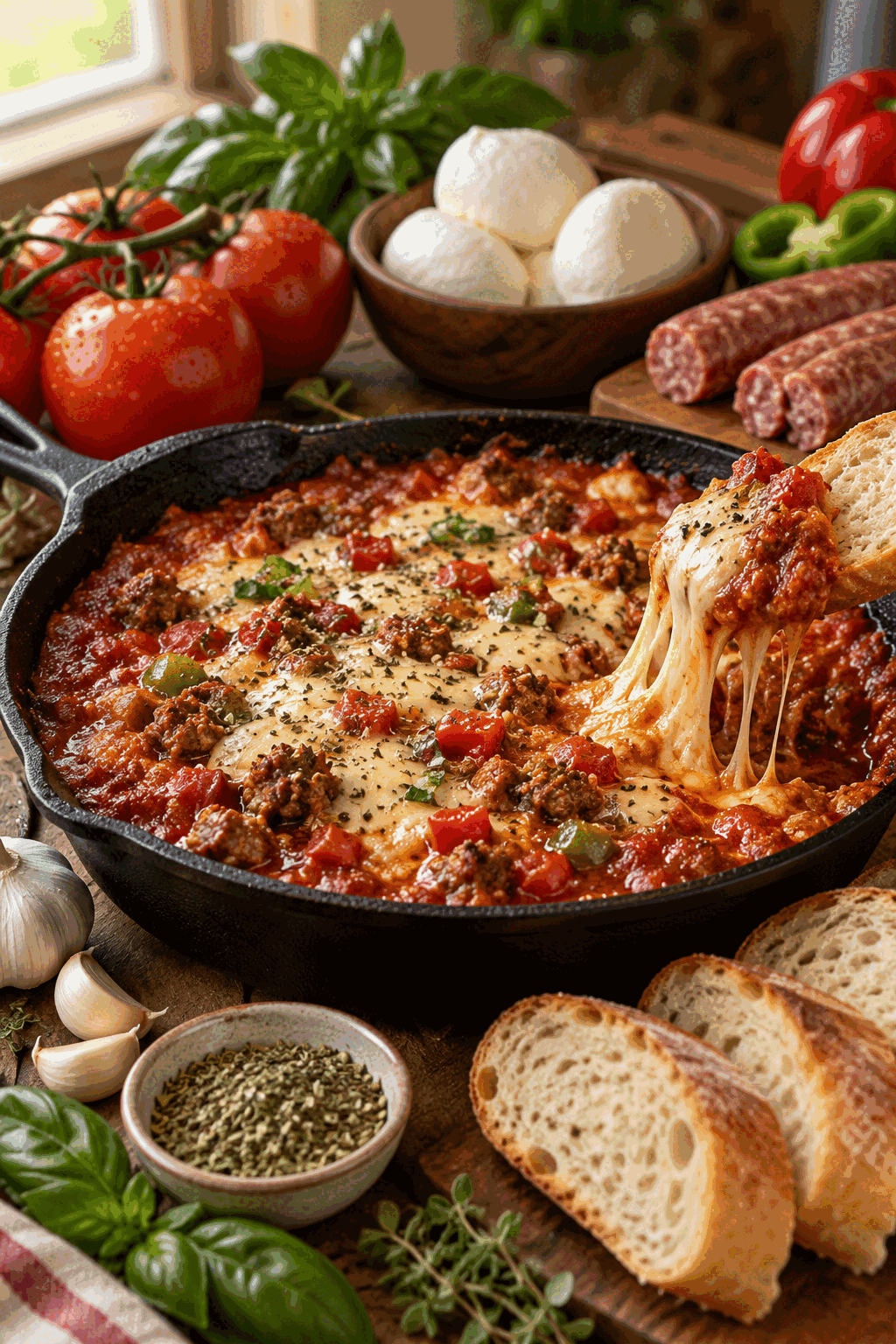 Chicago deep dish pizza dip ingredients arranged for mixing