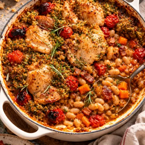 Chicken cassoulet in a warm casserole dish