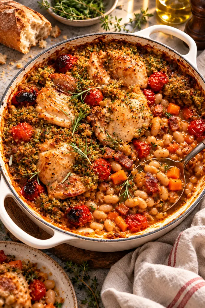 Chicken cassoulet in a warm casserole dish