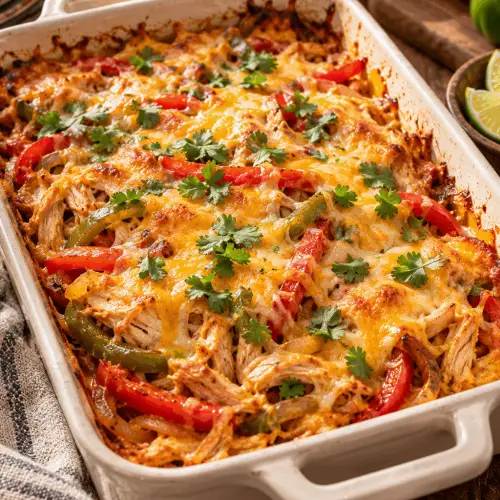 Chicken fajita casserole with peppers and melted cheese