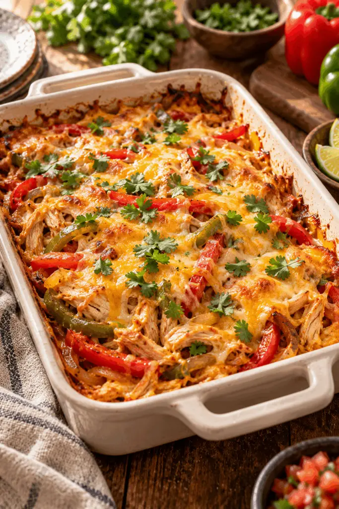 Chicken fajita casserole with peppers and melted cheese