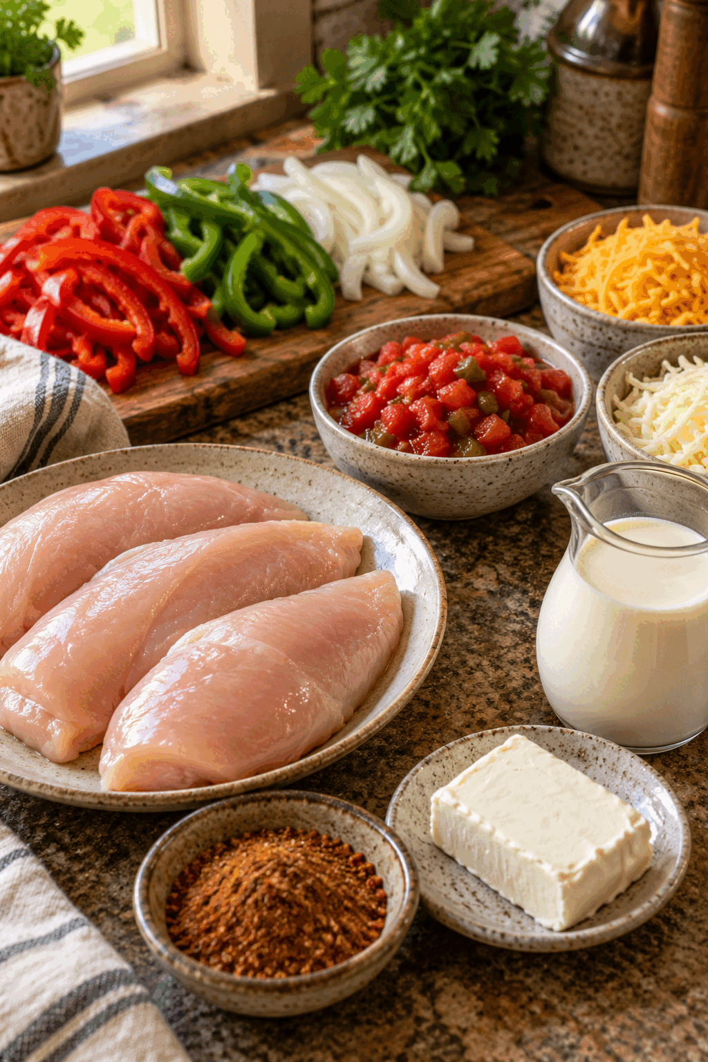 Ingredients for chicken fajita casserole arranged on a counter