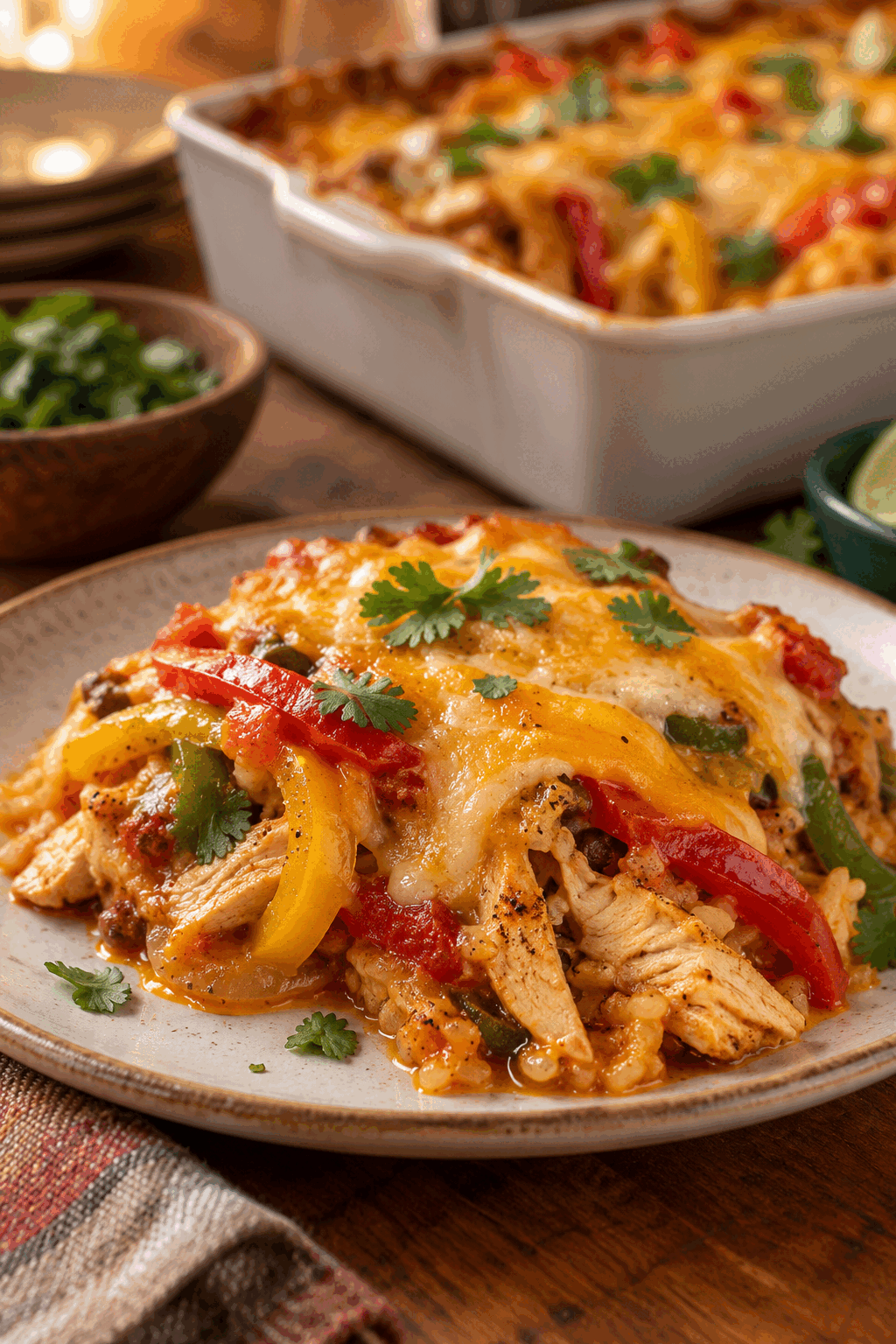 A serving of chicken fajita casserole with peppers and melted cheese