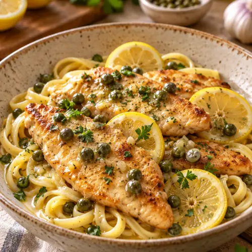 Chicken piccata pasta with lemon and capers
