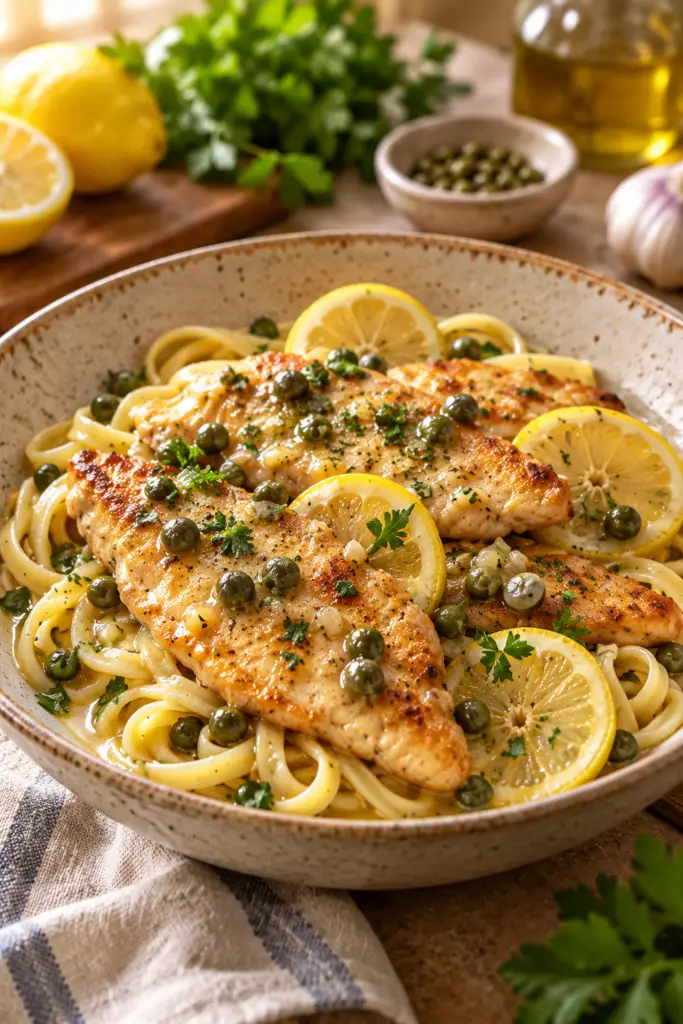 Chicken piccata pasta with lemon and capers