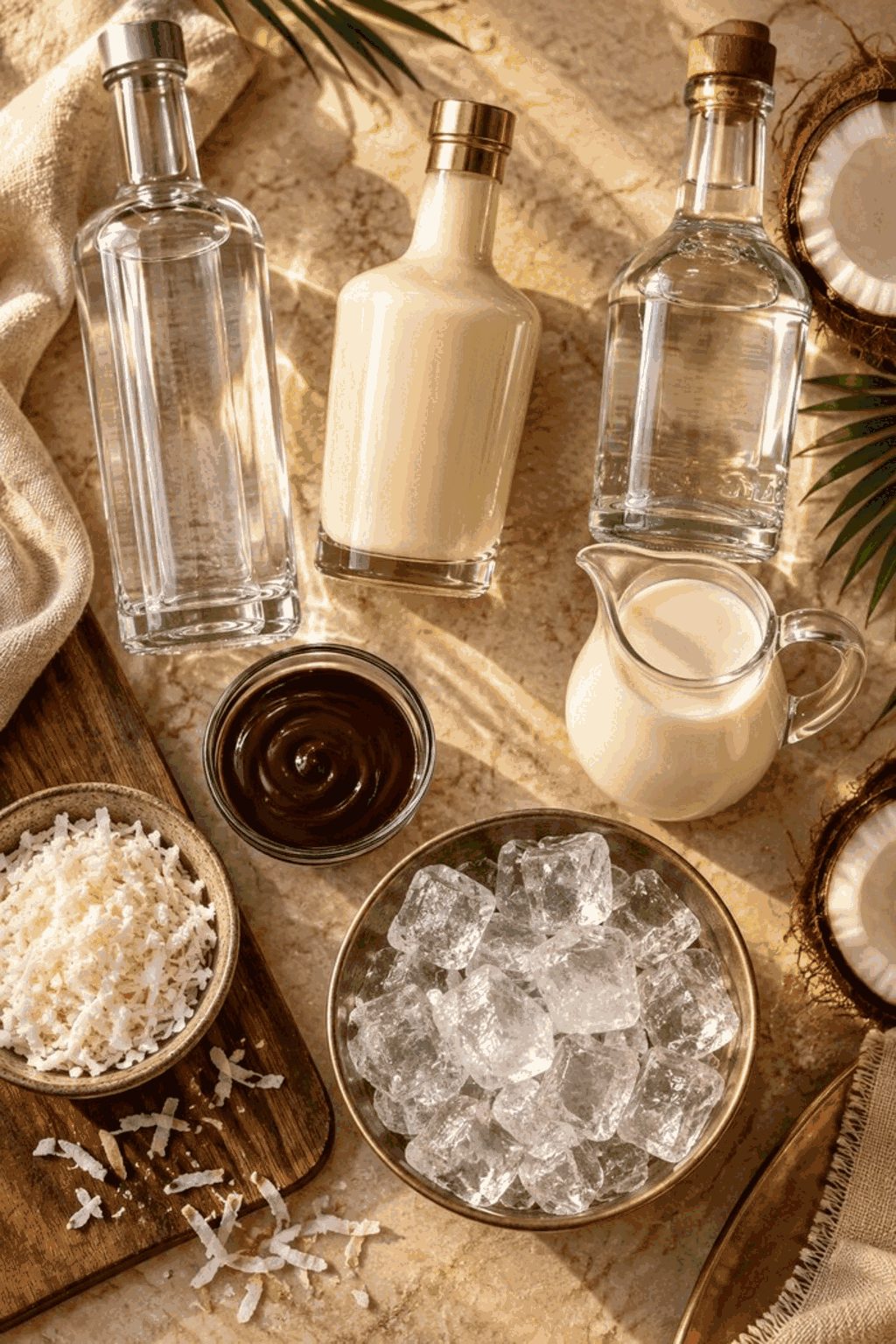 Ingredients for a chocolate coconut martini including vodka, liqueurs, cream, chocolate syrup, and coconut
