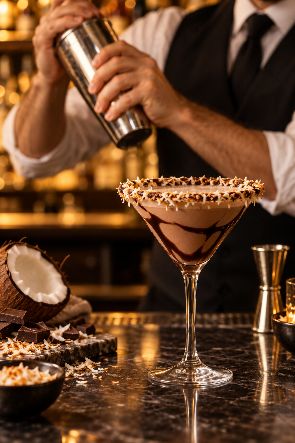 Preparing and shaking a chocolate coconut martini before straining