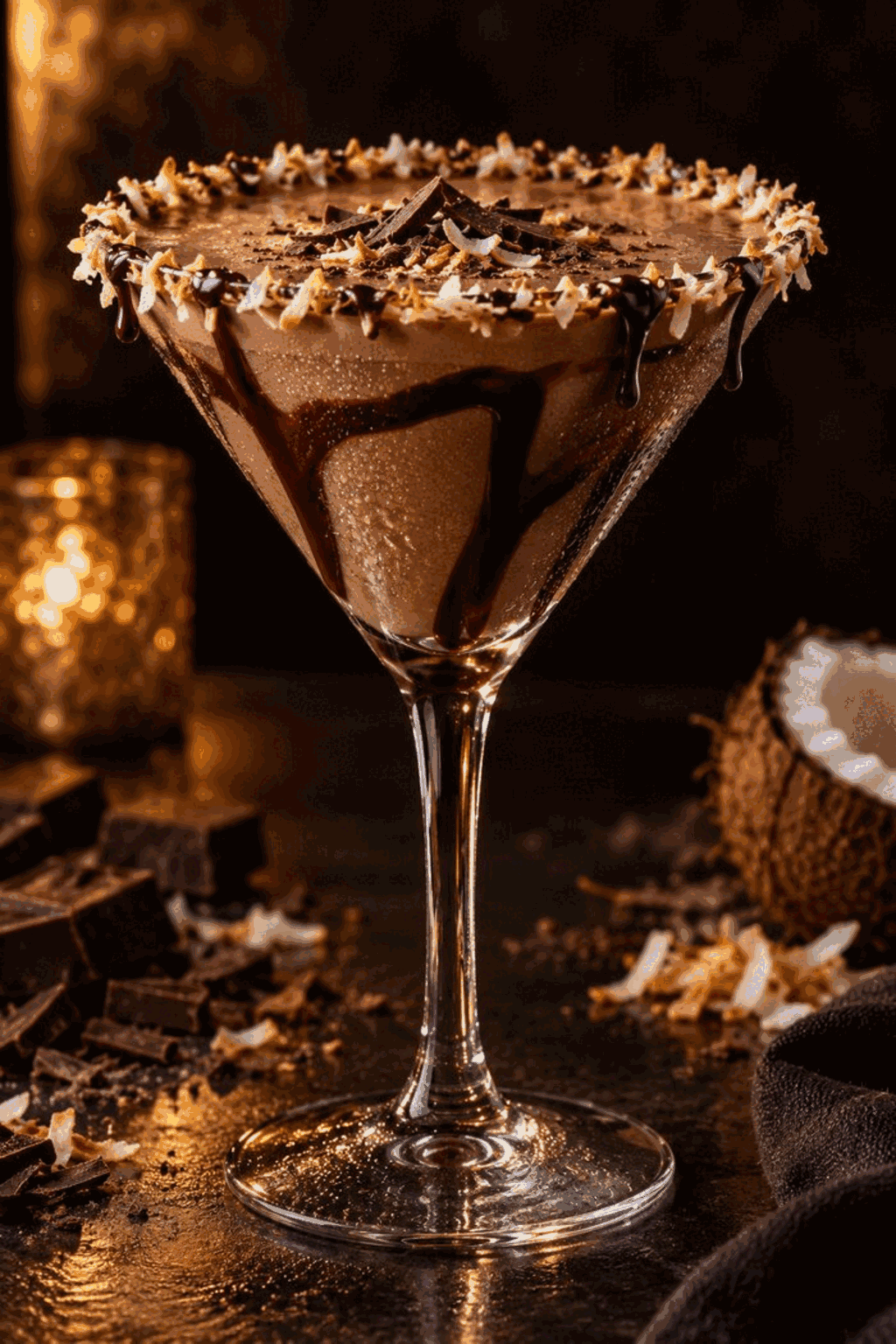 Finished chocolate coconut martini with chocolate drizzle and coconut rim
