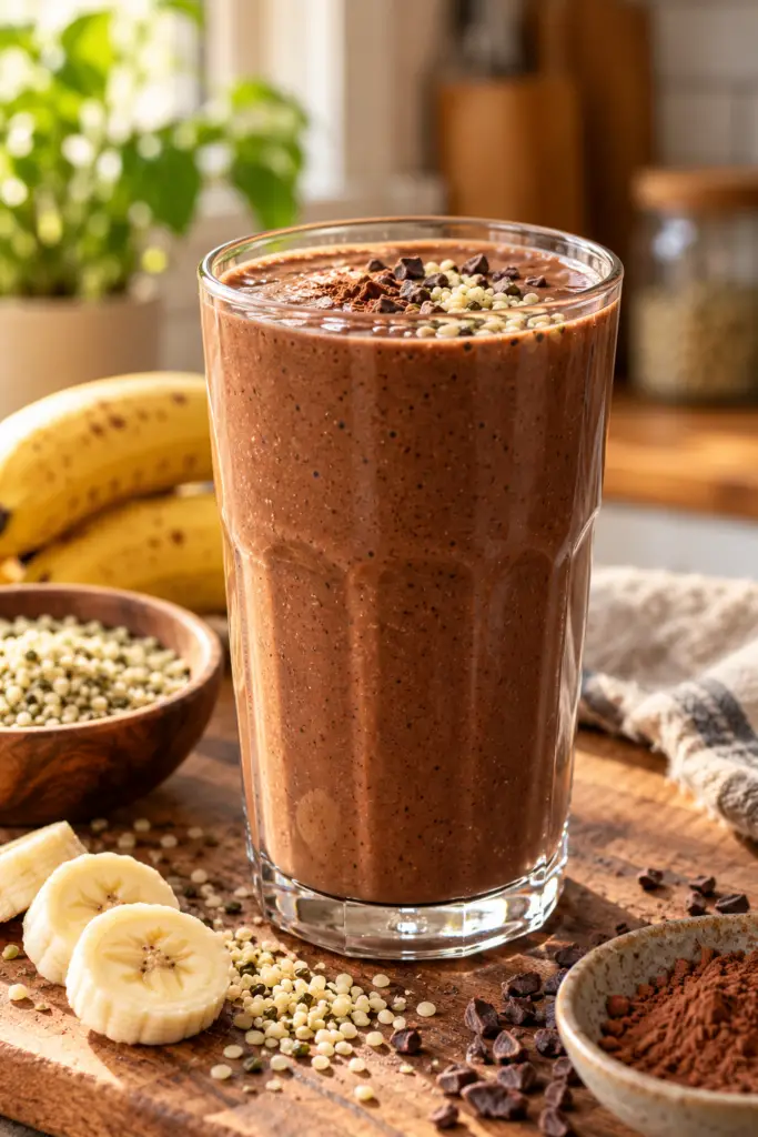 Chocolate hemp power smoothie in a glass