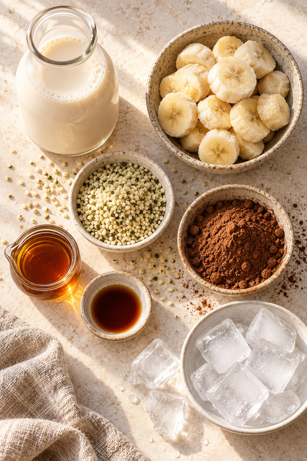 Ingredients for a chocolate hemp power smoothie