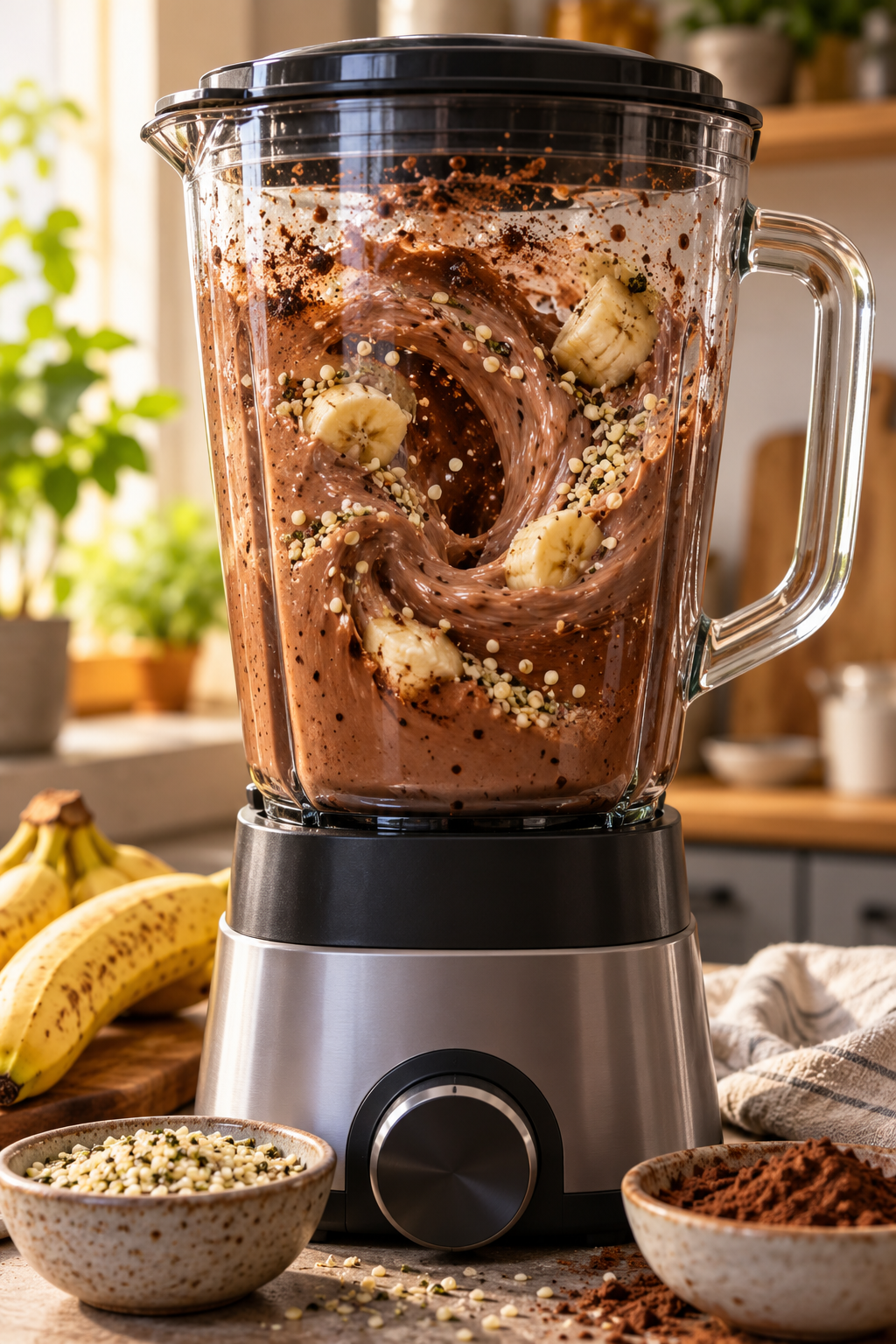 Blending a chocolate hemp power smoothie