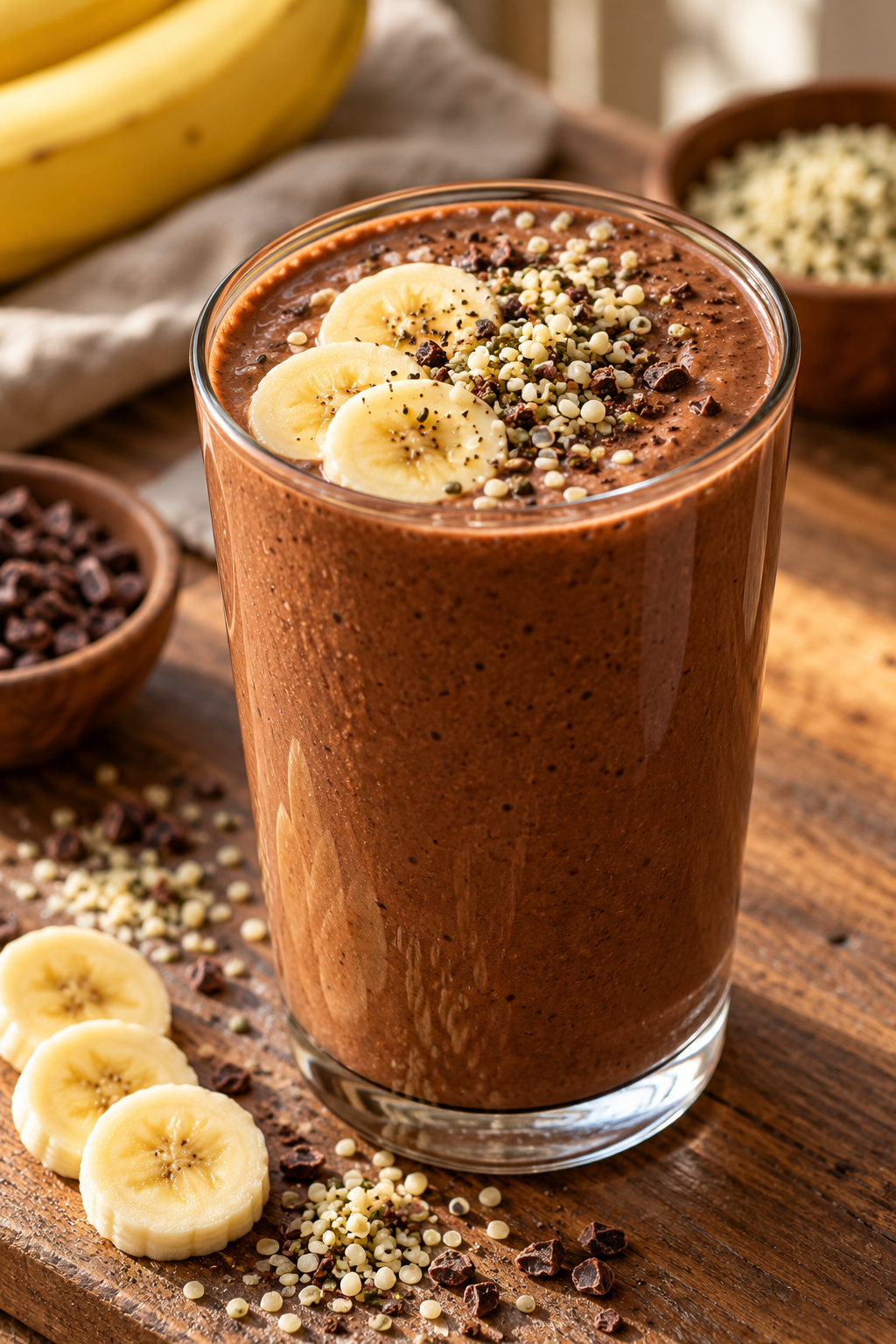 Finished chocolate hemp power smoothie in a glass