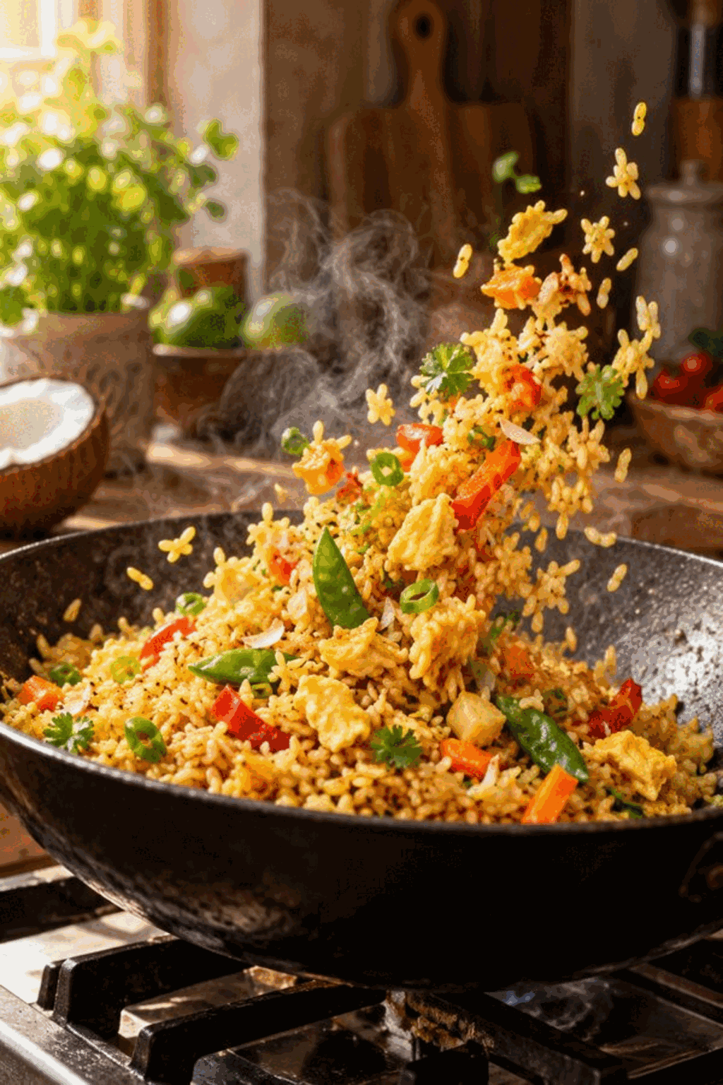 Coconut curry fried rice cooking in a skillet