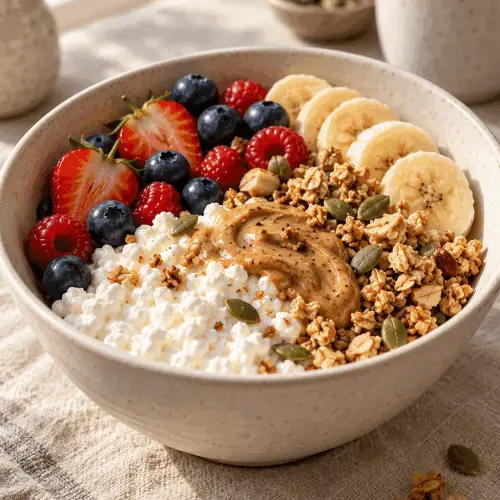 cottage cheese breakfast bowl with berries and banana