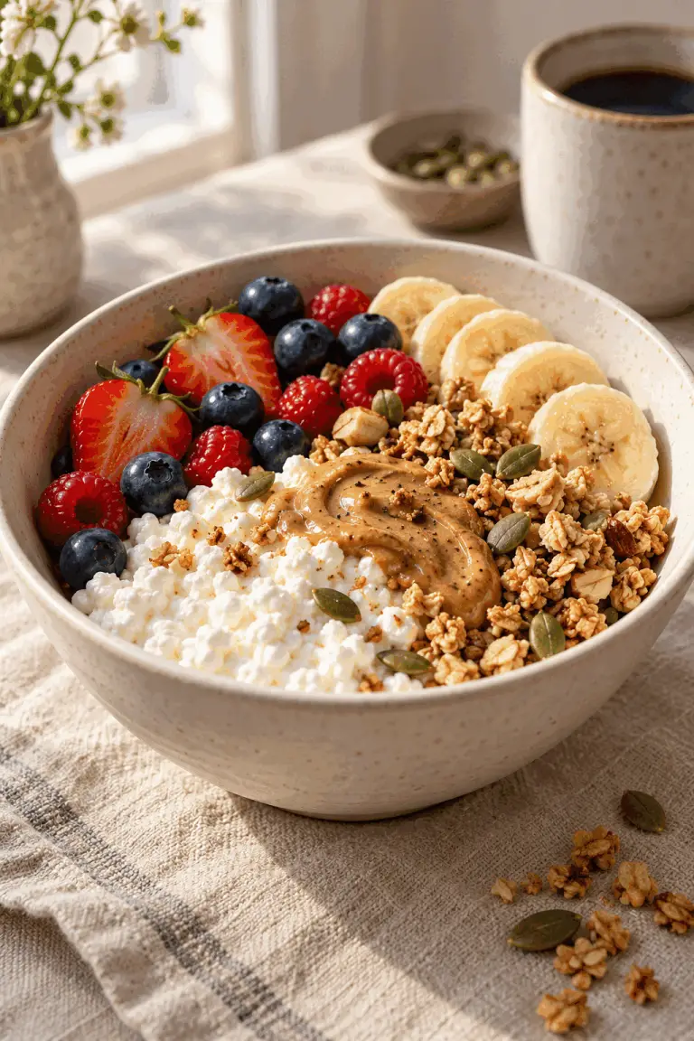 cottage cheese breakfast bowl with berries and banana