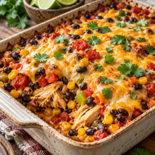 Cowboy chicken with beans, corn, and melted cheese