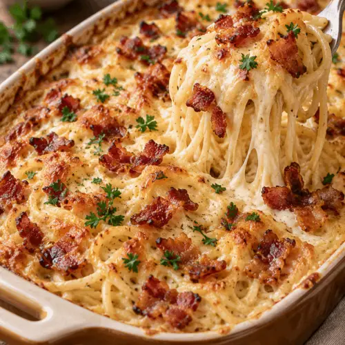 Creamy bacon pasta with cheese and bacon