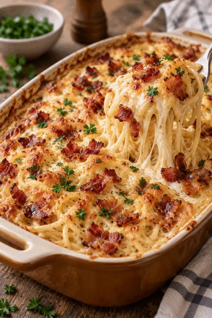 Creamy bacon pasta with cheese and bacon