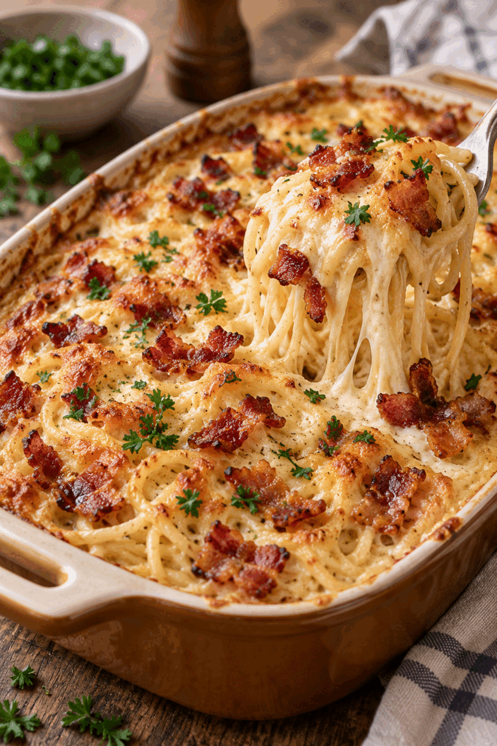 Creamy bacon pasta with cheese and bacon