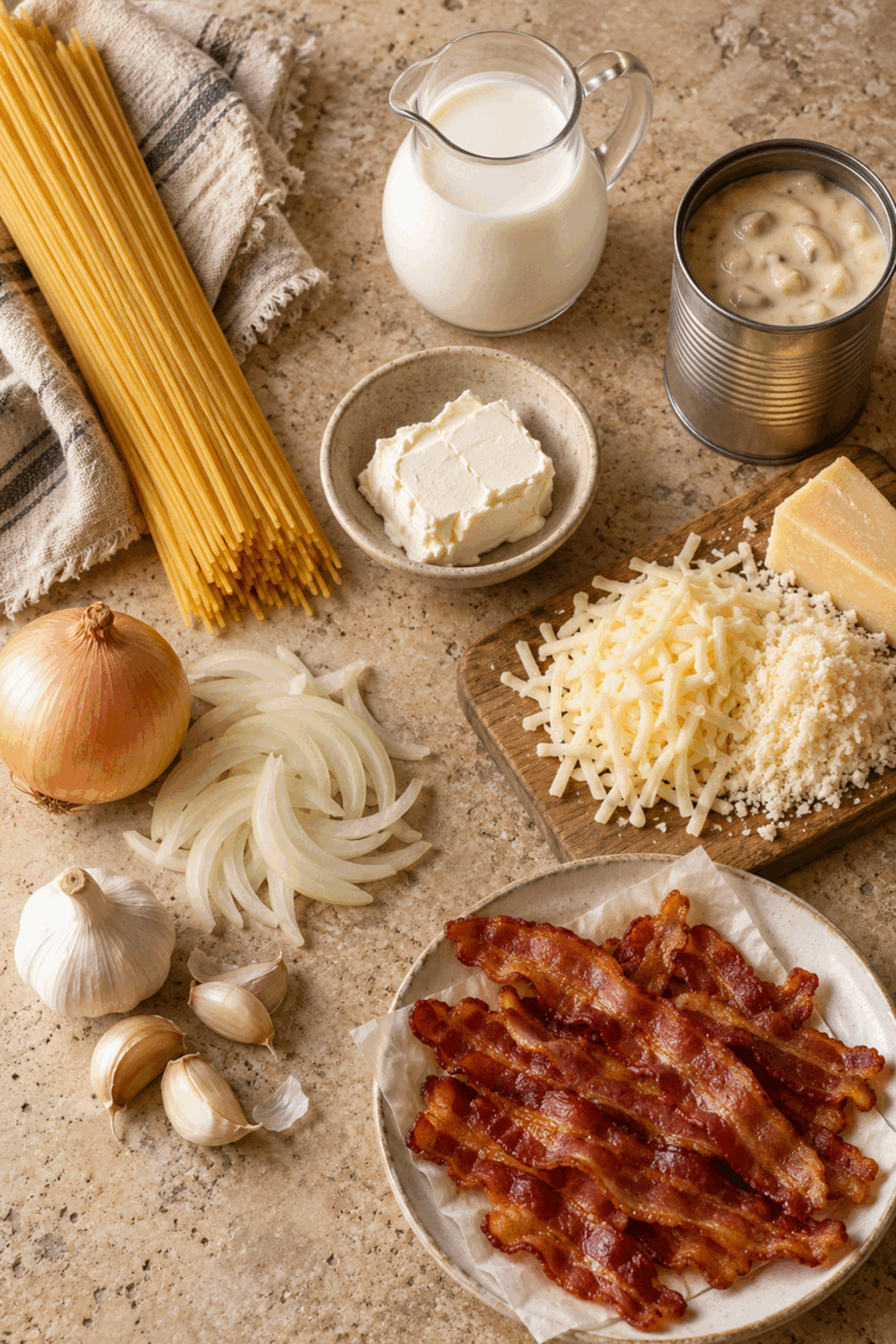 Ingredients for creamy bacon pasta