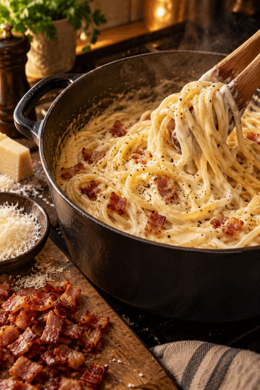 Creamy bacon pasta being prepared