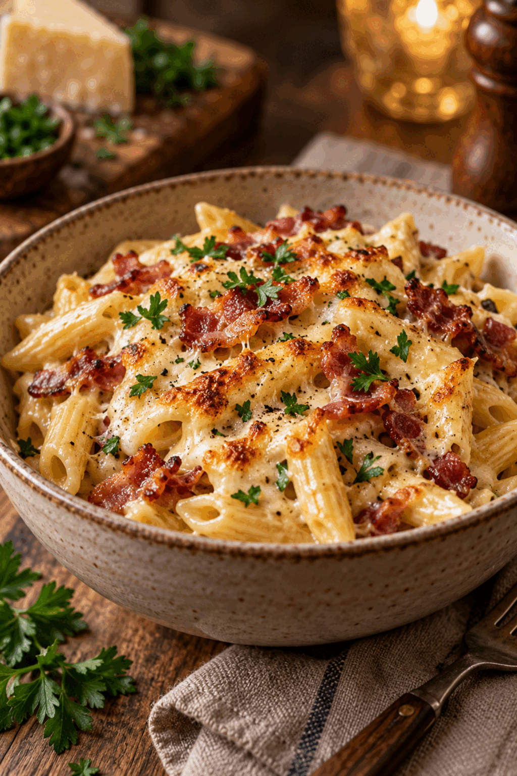 Finished creamy bacon pasta with bacon and cheese