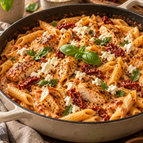Creamy chicken feta pasta in a skillet