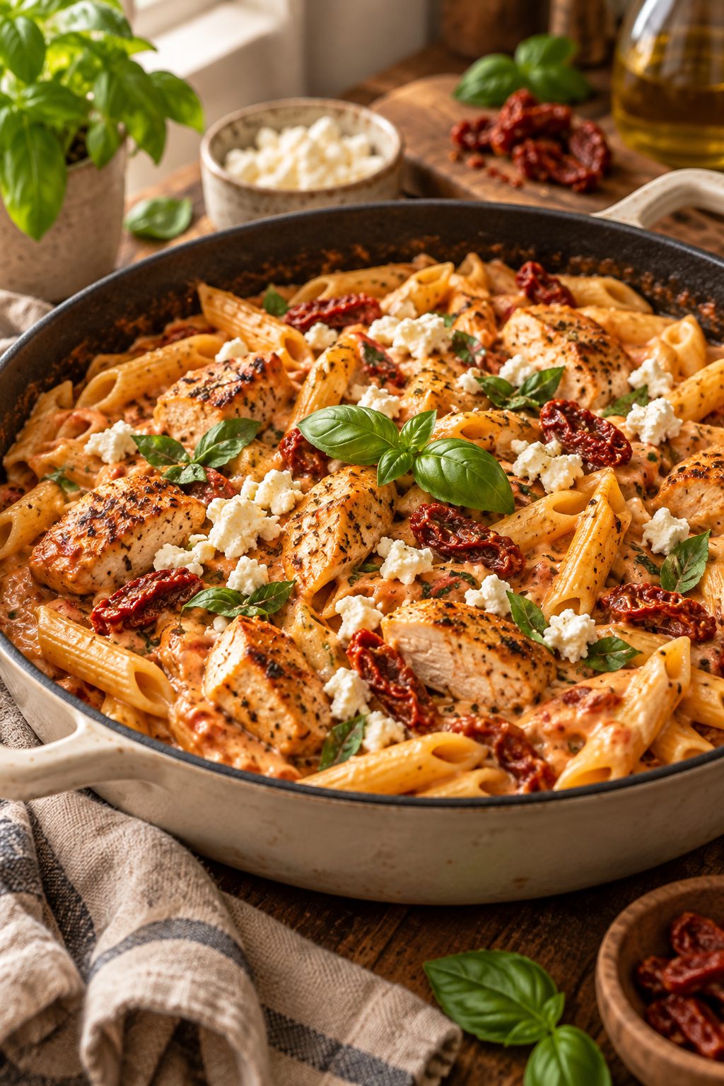 Creamy chicken feta pasta in a skillet