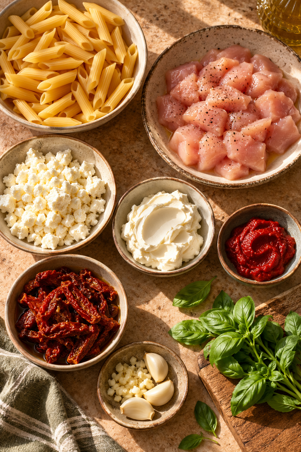 Ingredients for creamy chicken feta pasta