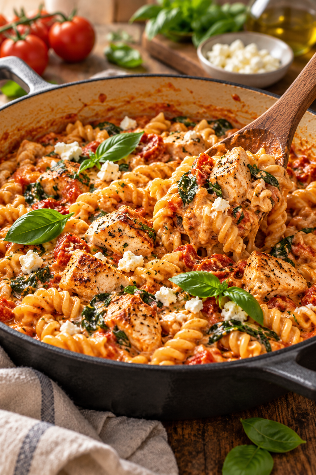 Chicken feta pasta cooking in a skillet