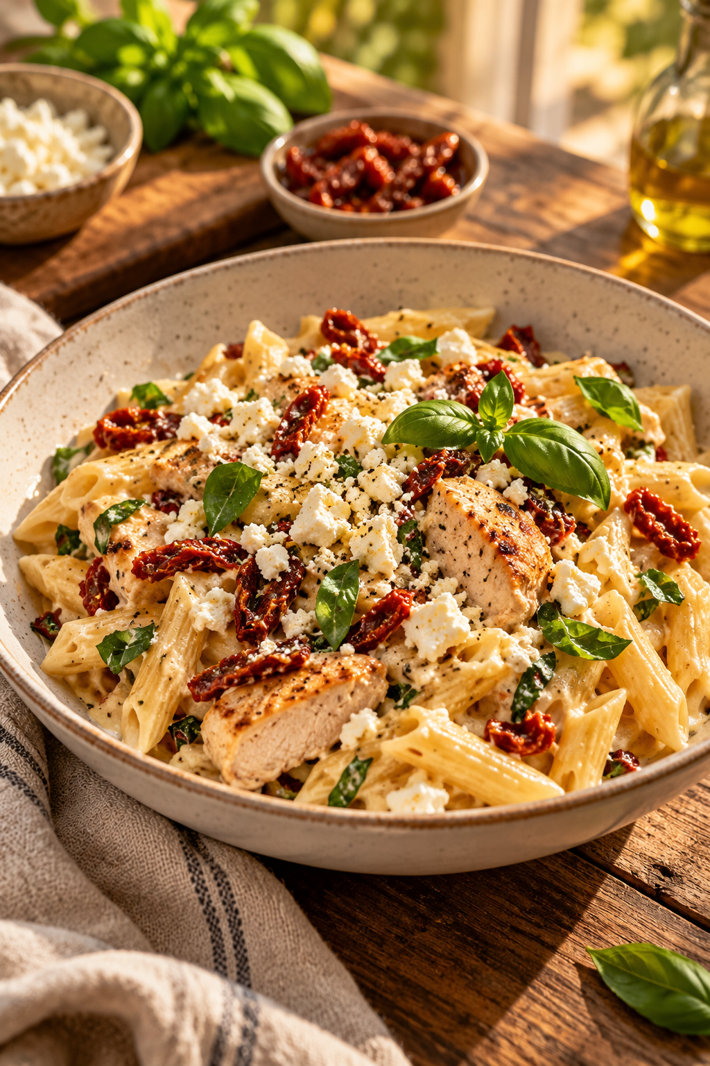 Creamy chicken feta pasta ready to serve