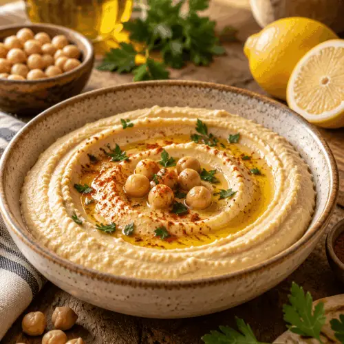 creamy dreamy hummus in a serving bowl